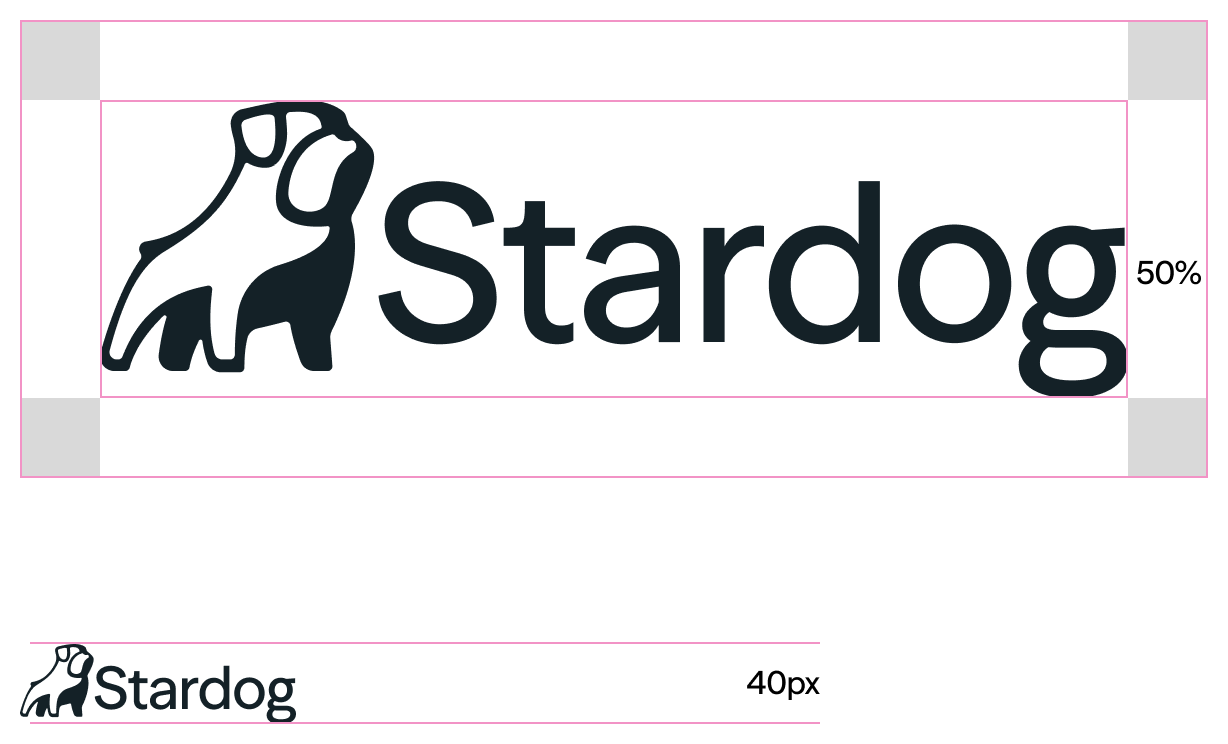 Primary logo clearspace diagram — clear space equal to 50% of the mark height on all sides, with a minimum width of 40px