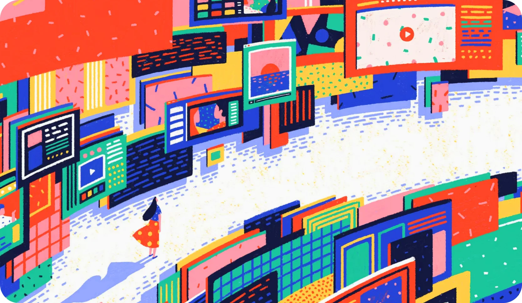 A hero illustration of a crowded street of screens and signage in coral, cobalt, pink and green, with a single figure walking through it