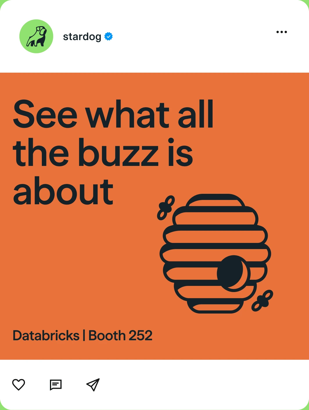 A Stardog social post reading “See what all the buzz is about” on an orange field, with a spot illustration of a beehive