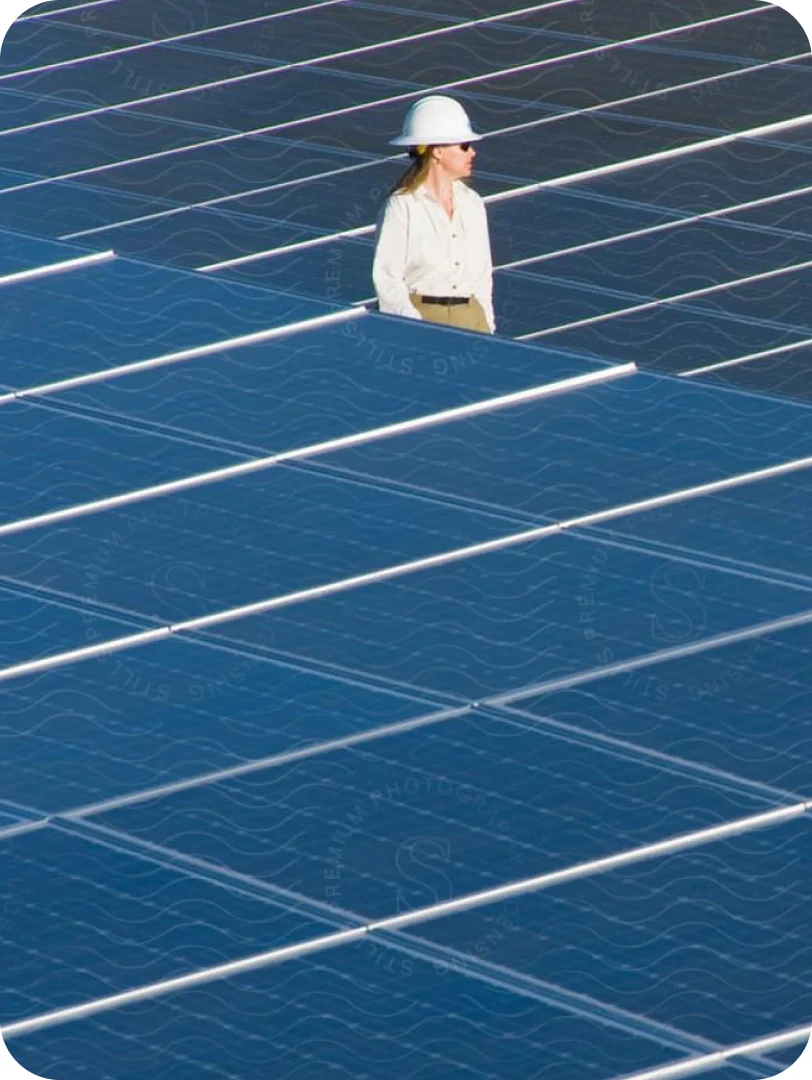 An engineer in a hard hat walking a field of solar panels