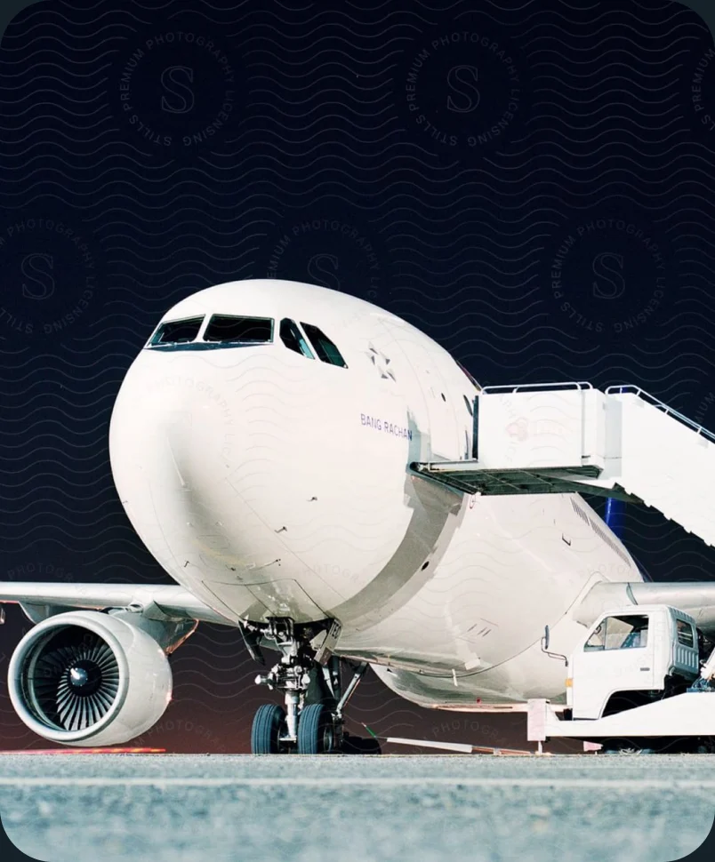 A passenger jet parked at a stand with ground crew equipment alongside