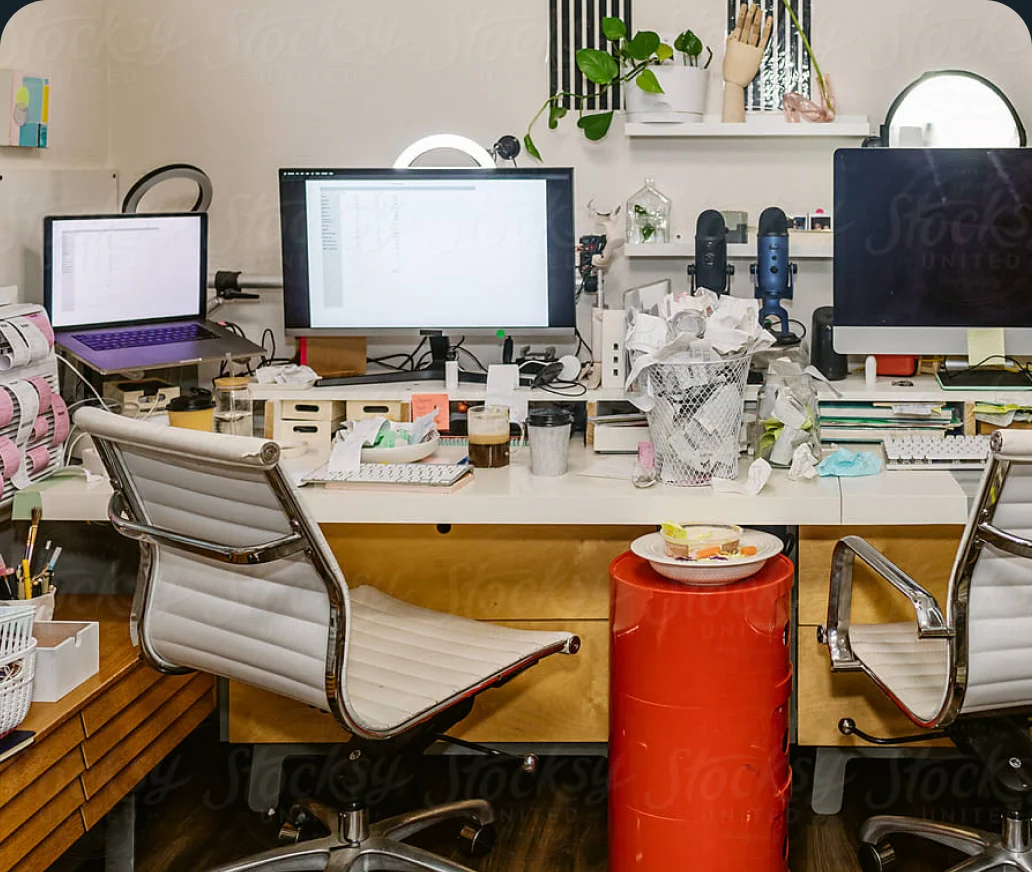 A cluttered desk covered in monitors, cables and paper