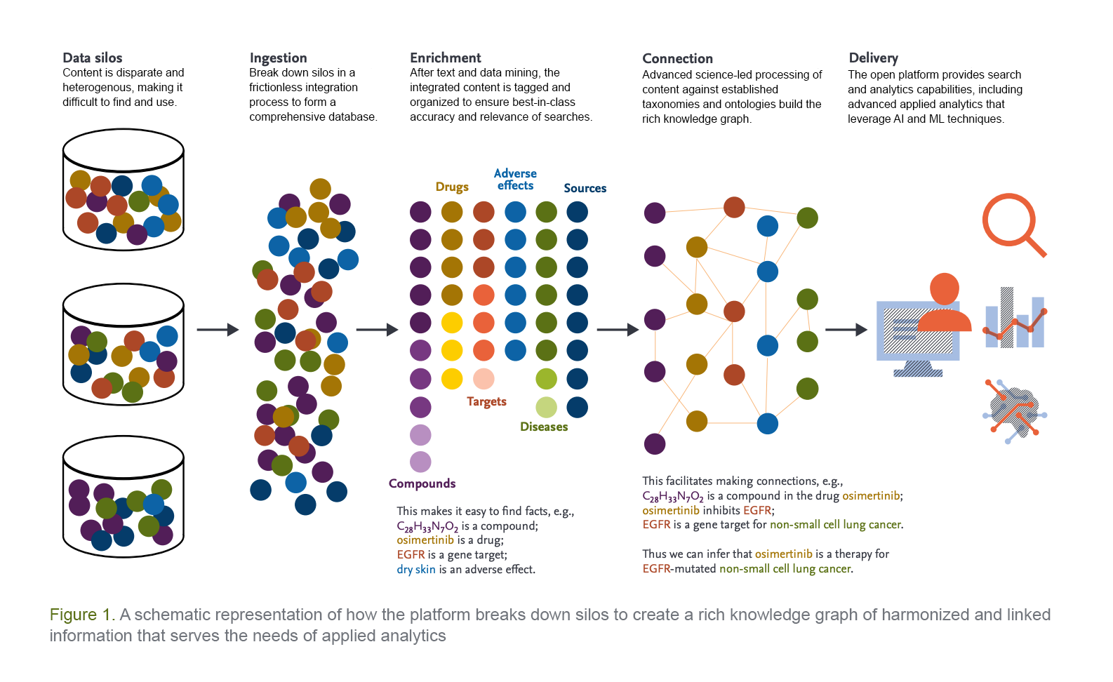 A schematic representation of how the platform breaks down silos to create a rich knowledge graph of harmonized and linked information 