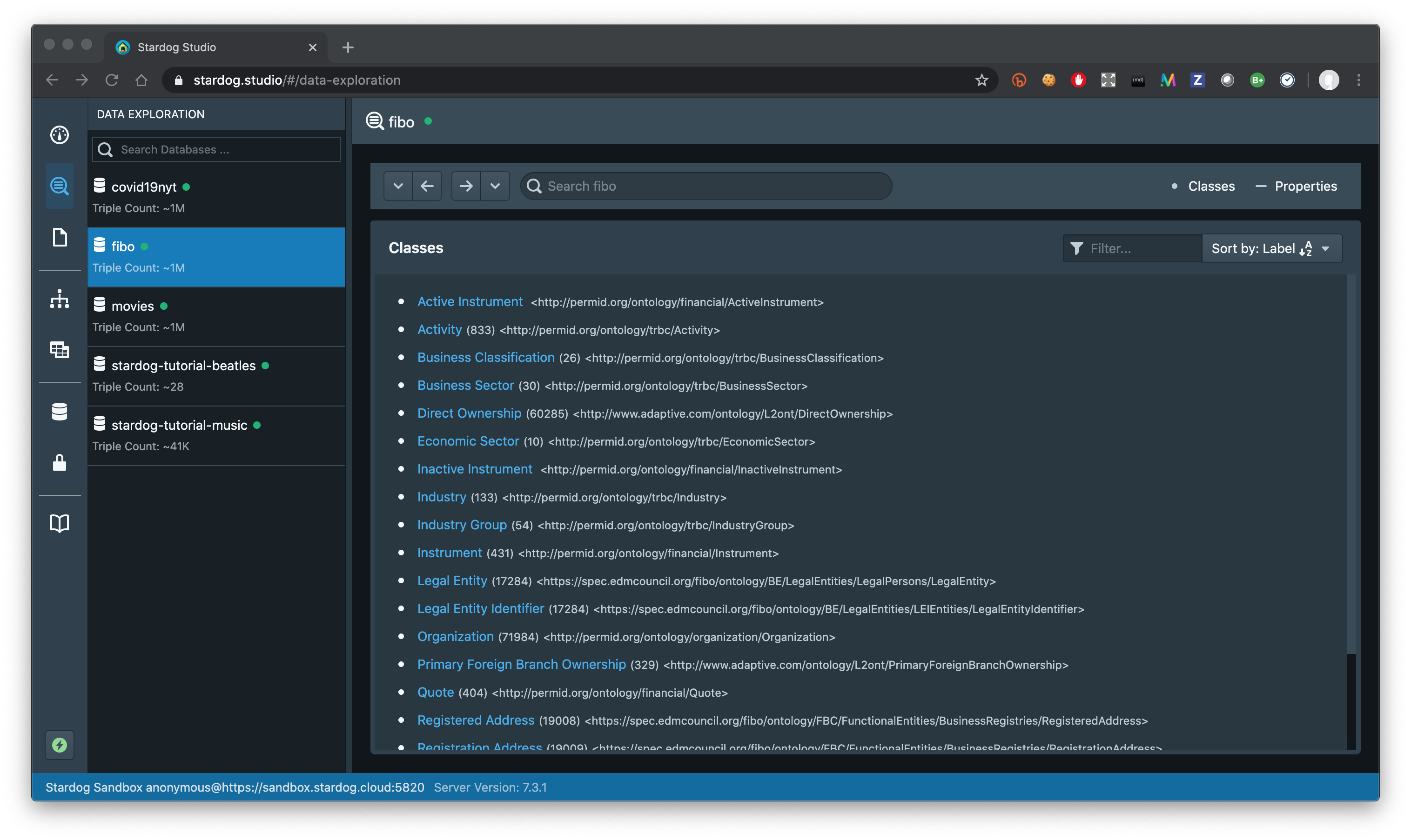 Stardog Sandbox data exploration view