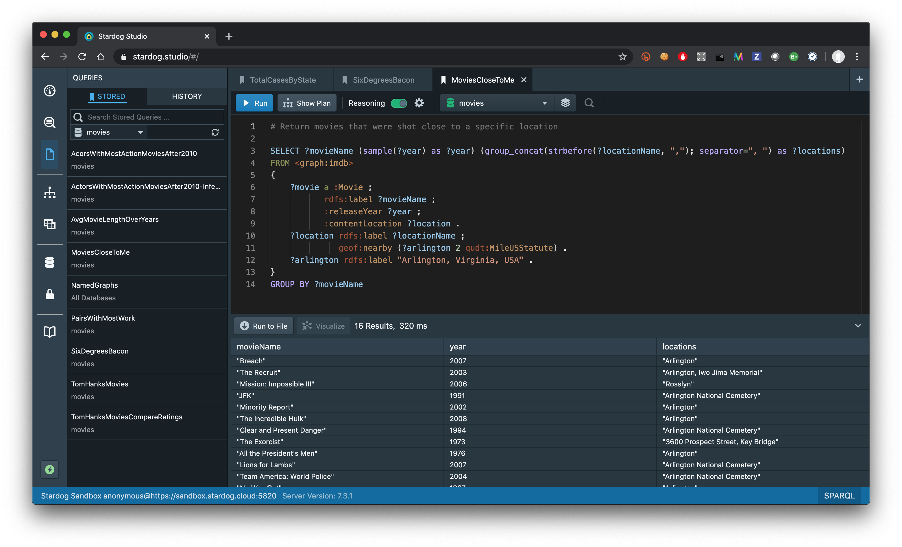 Stardog Sandbox query editor